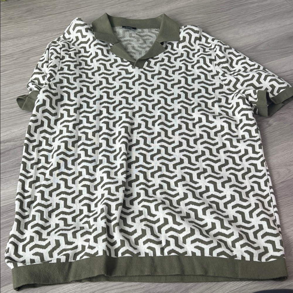 Express Olive and White Patterned Polo Shirt